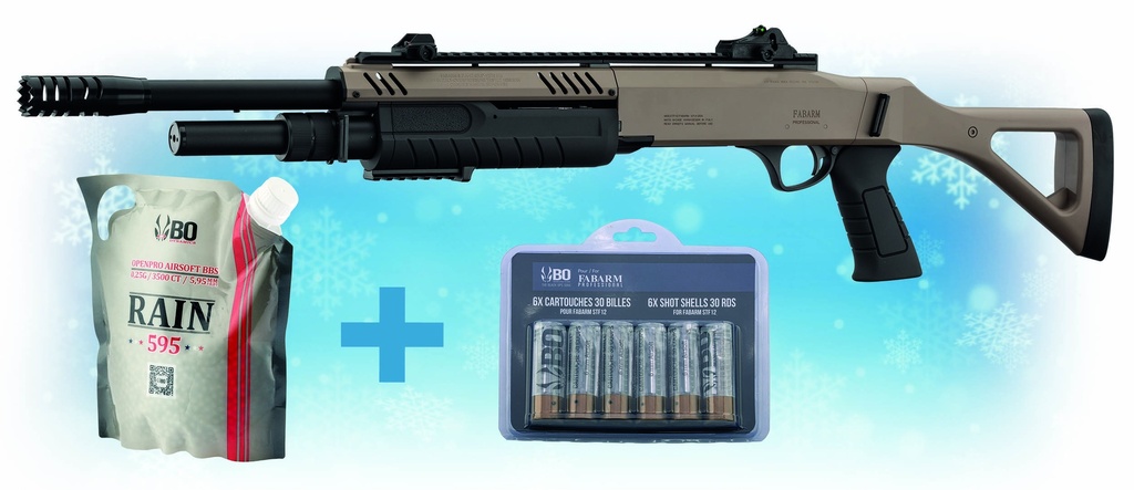 Pack Escopeta de Airsoft FABARM STF12 TAN de Muelle con BBs y 6 Cartuchos | BO Manufacture