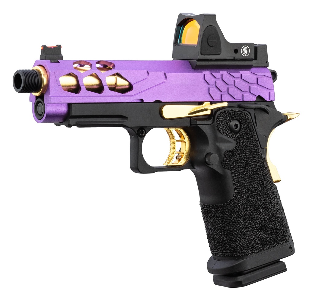 Pistola Lancer Tactical Stryk Hi-Capa 4.3 Violeta/Dorado + RMR – Gas
