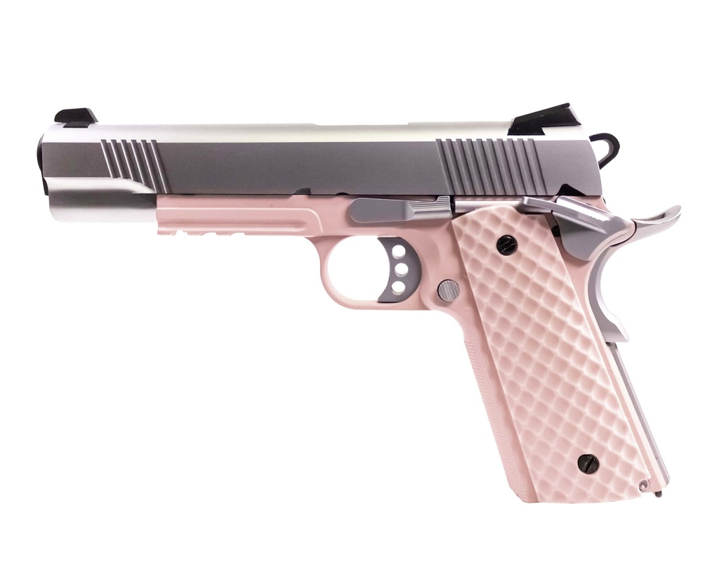 Pistola GBB Raven 1911 MEU Railed Full metal Rosa/Plata 1,0J