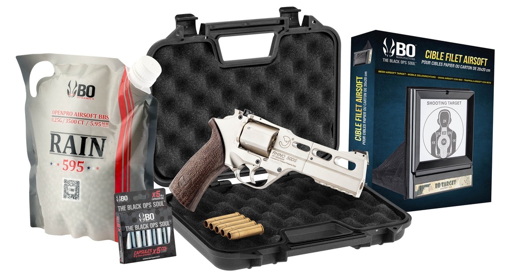 Pack de pistola CO₂ Chiappa RHINO 50DS + BB + diana + maletín